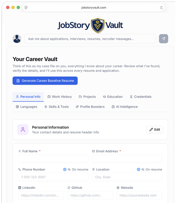 JobStoryVault Career Vault dashboard screenshot